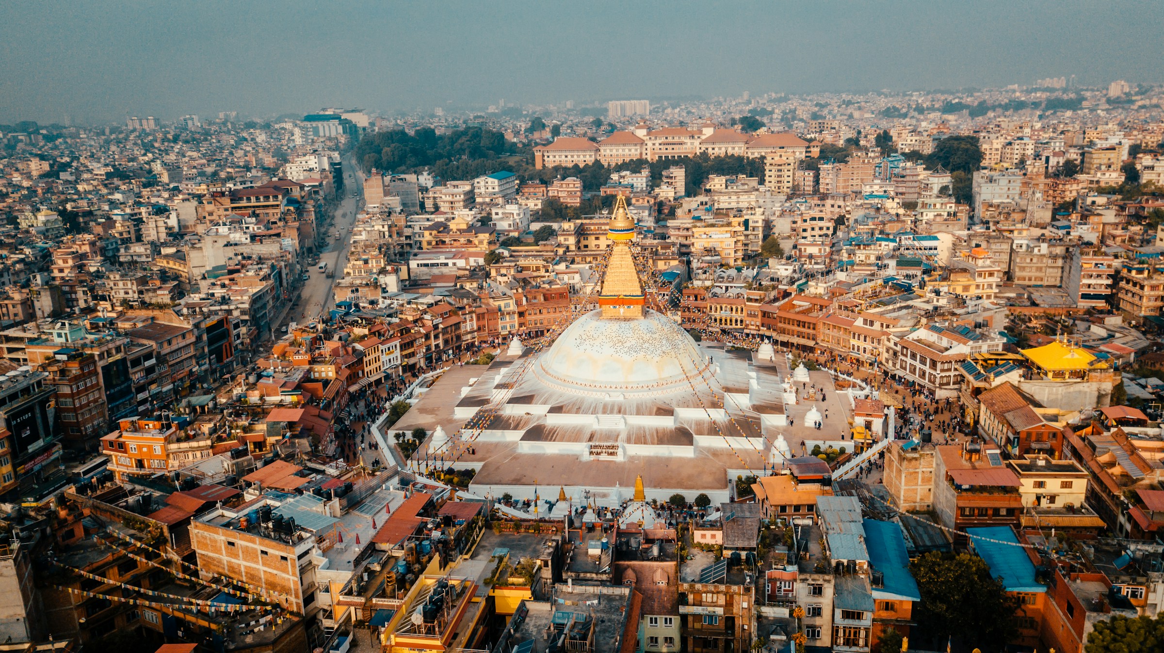 Aerial view of Kathmandu city buildings and valley, Nepal