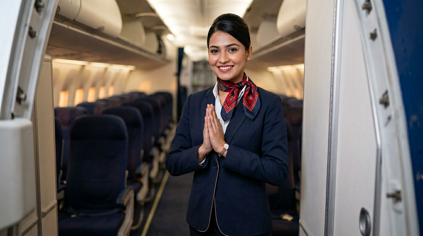 Illustrative image: uniformed figure with Namaste greeting — not a specific employee; reservations are handled by our Kathmandu team via WhatsApp, Viber, phone, and office visit.
